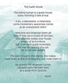 An image with a poem titled The Guest House by Rumi, overlaid on a faded background of a house and trees, discussing how to welcome all emotions as visitors.