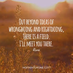 A field in warm sunset light with the quote: Out beyond ideas of wrongdoing and rightdoing, there is a field. Ill meet you there. — Rumi.
