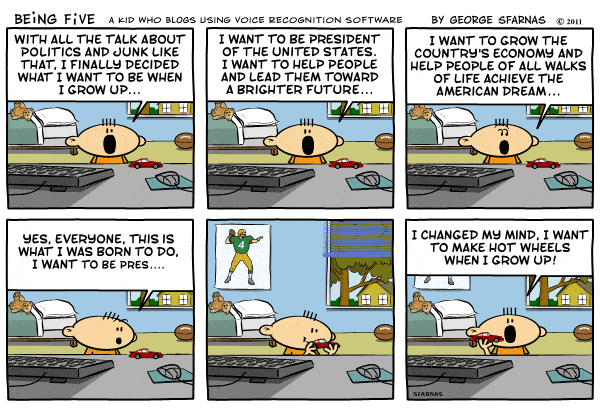 A child at a computer dreams of being president but changes their mind, deciding instead to make hot wheels when they grow up. Comic style with humorous tone.