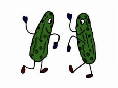 Two cartoon pickles with smiling faces, blue gloves, and brown shoes are walking and waving at each other on a white background.
