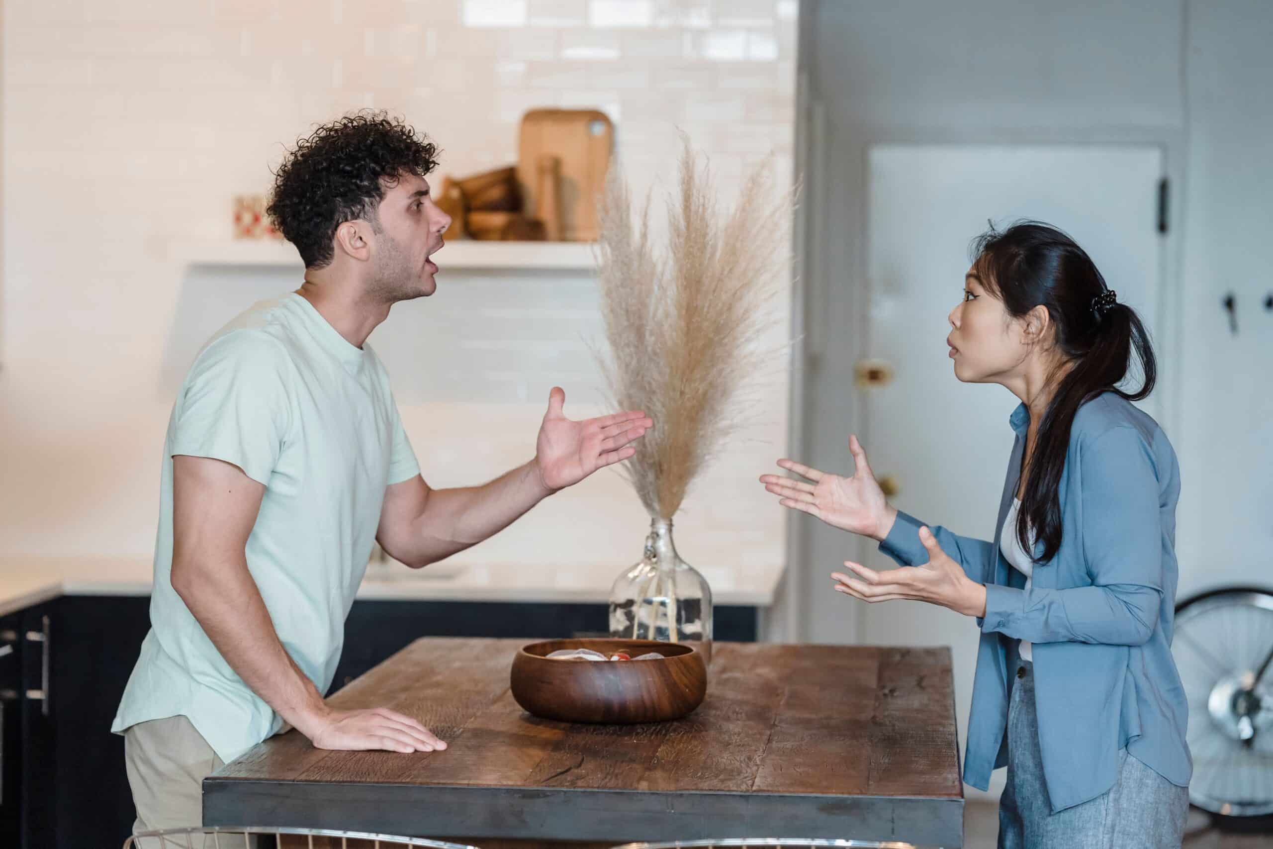 A man and woman stand on opposite sides of a wooden table in a kitchen, facing each other and gesturing with upset expressions, appearing to have an argument—perhaps discussing whether private coaching could help resolve their differences.